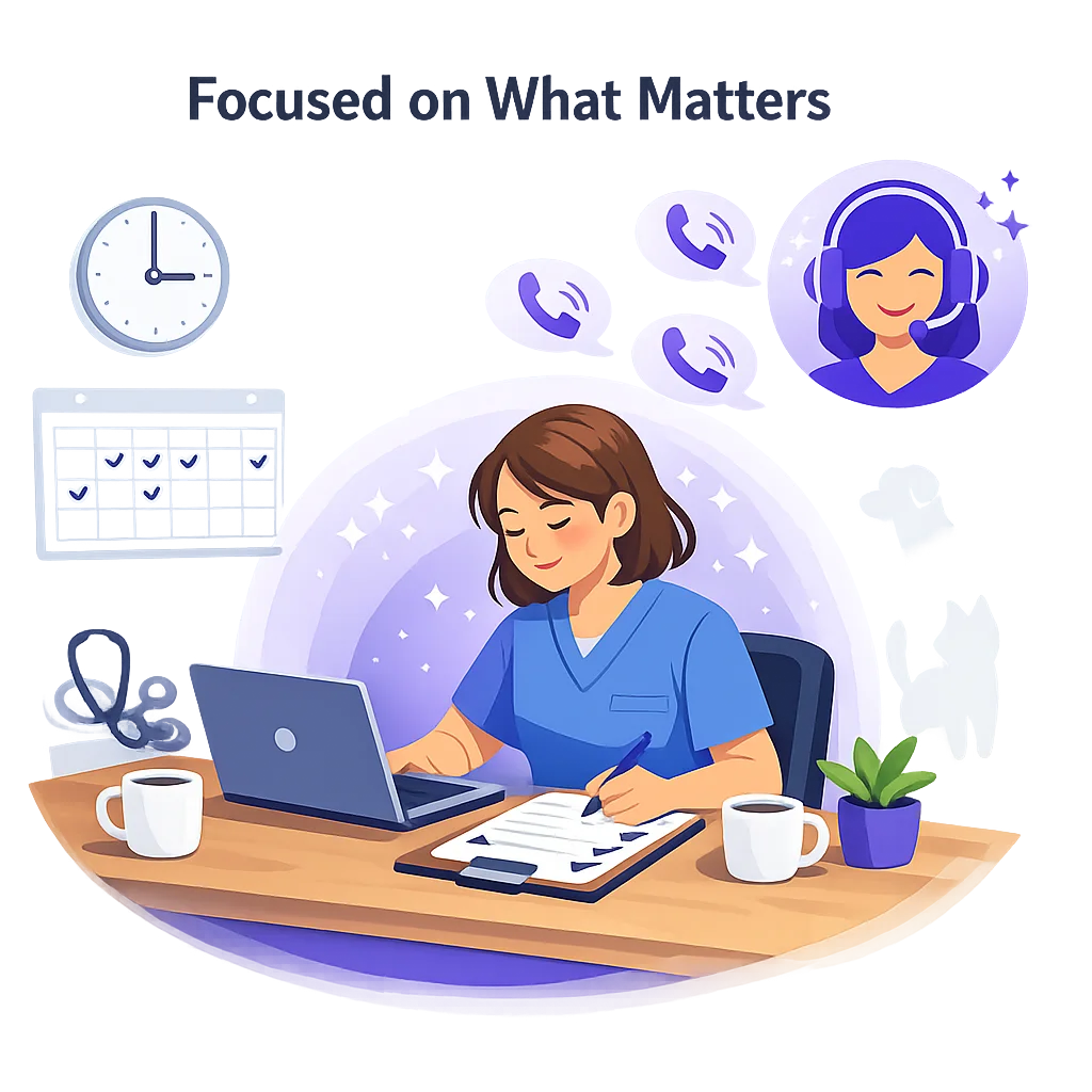 Veterinary clinic staff member working productively with AI receptionist handling calls