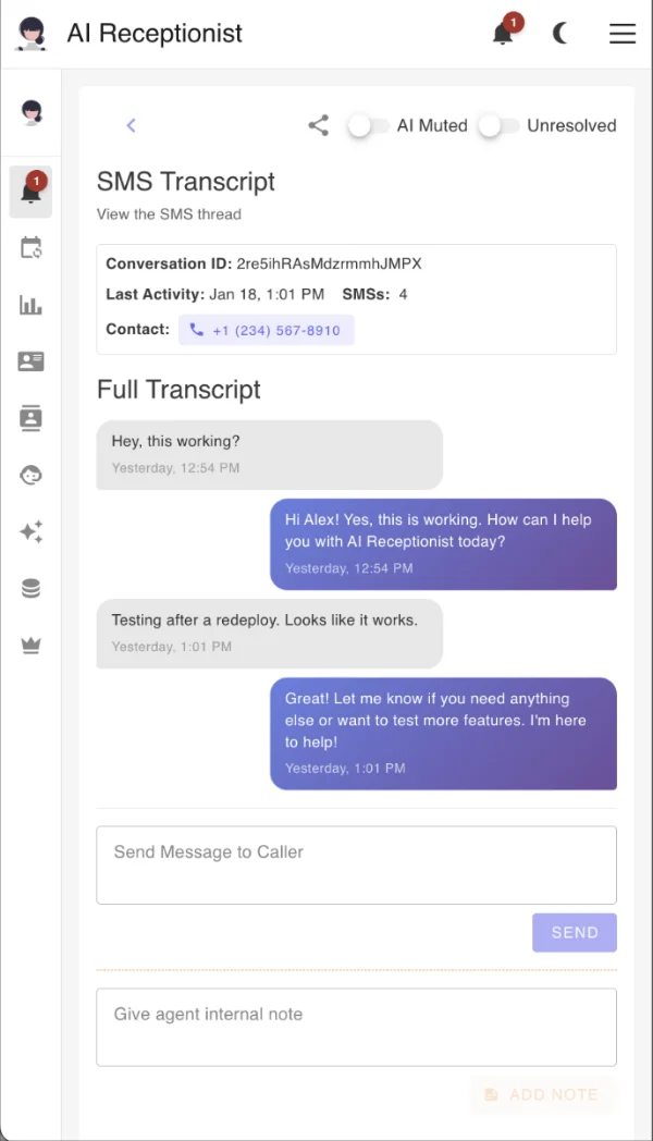 SMS chat agent interface showing AI conversation with customer