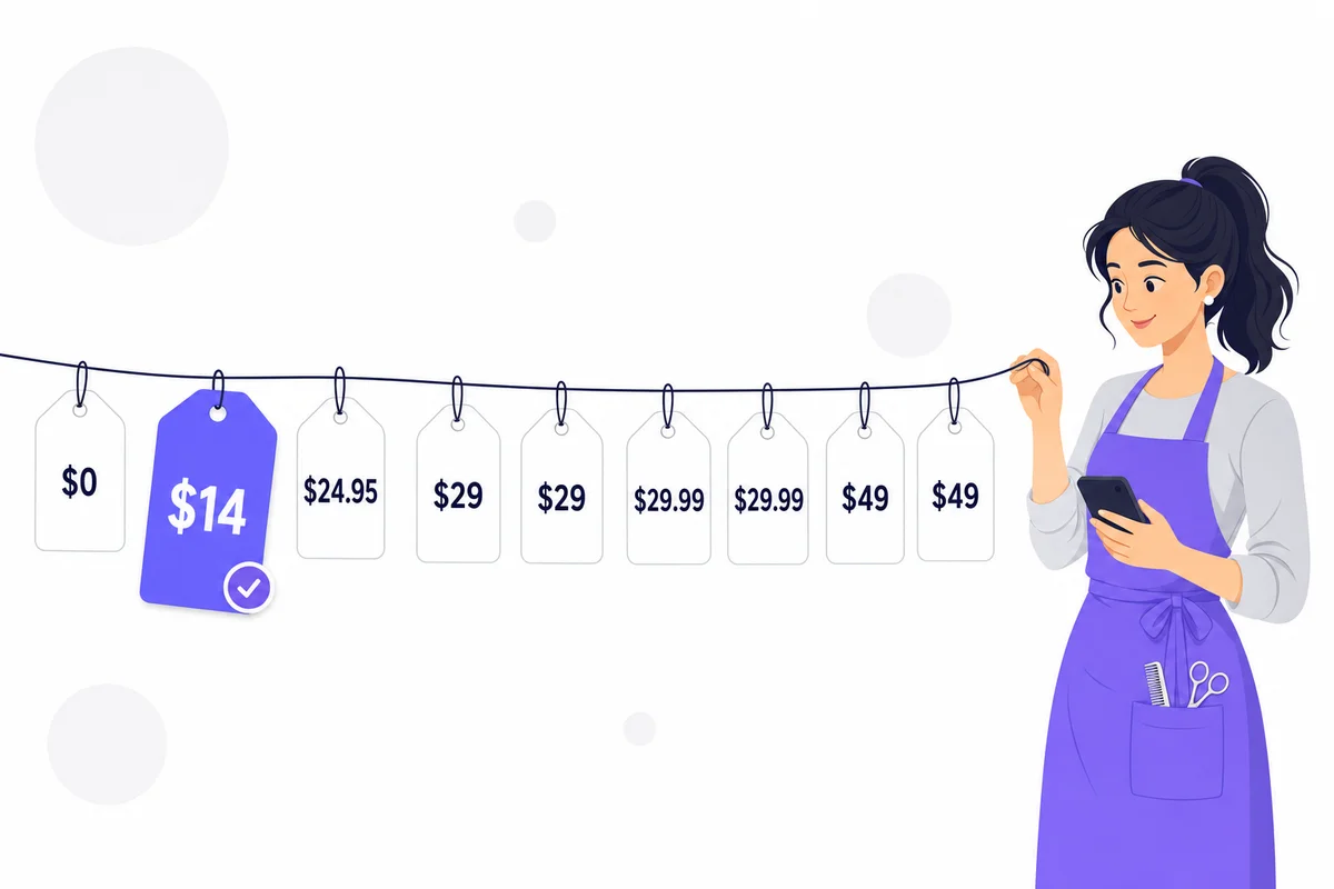 Nine AI receptionist price tags lined up from $0 to $49, with the $14 tag in front