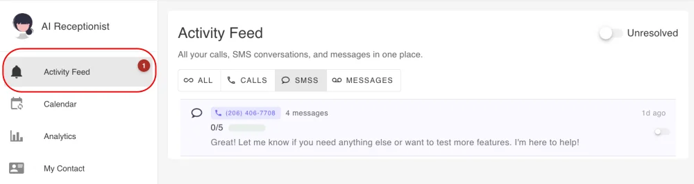 Unified activity feed showing calls, SMS, and messages in one place