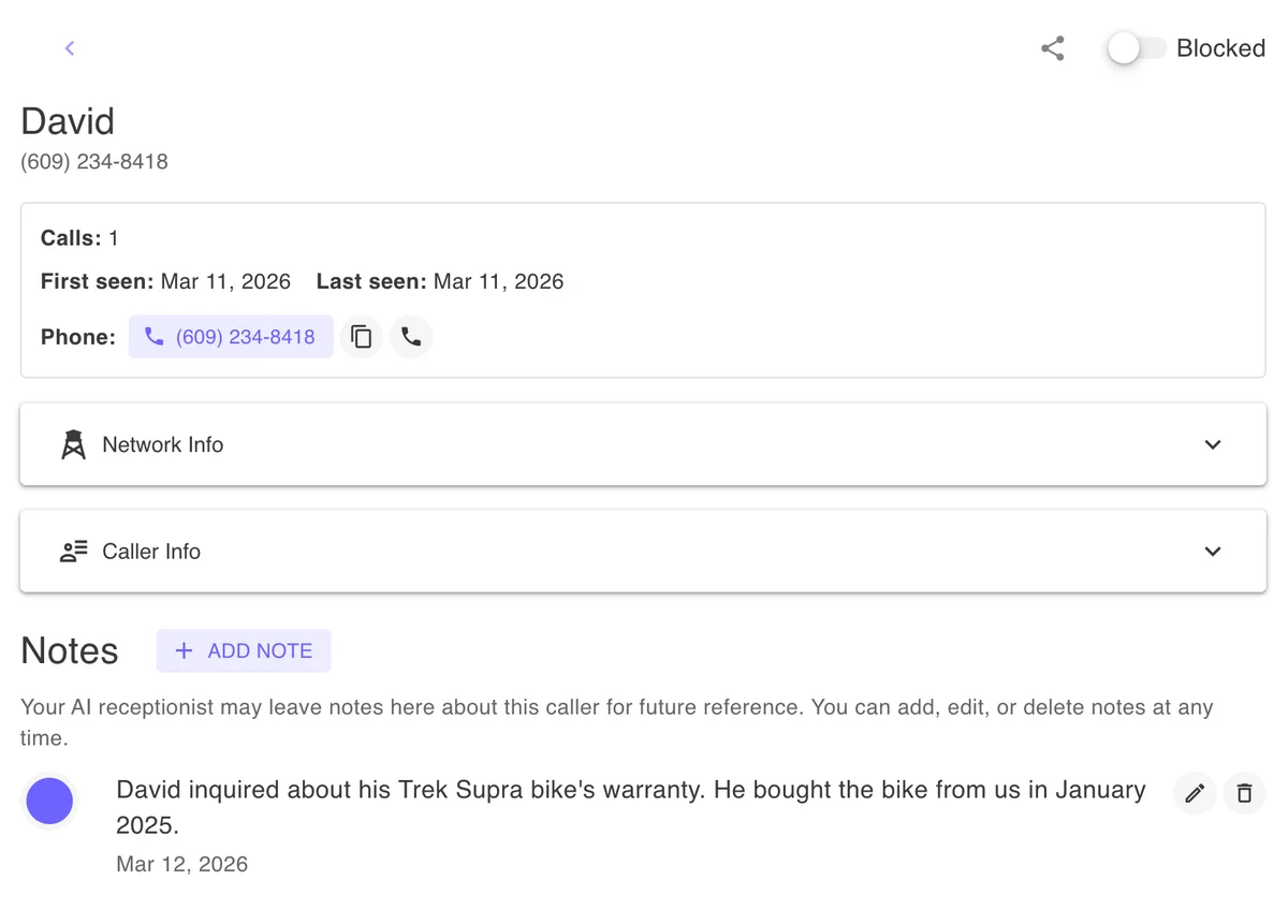 AI Receptionist caller notes and caller network information view