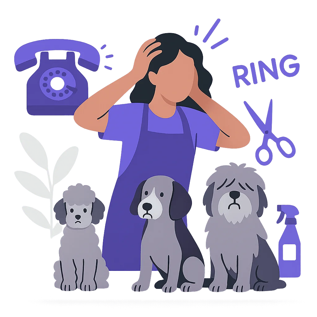 Pet groomer stressed with phone ringing