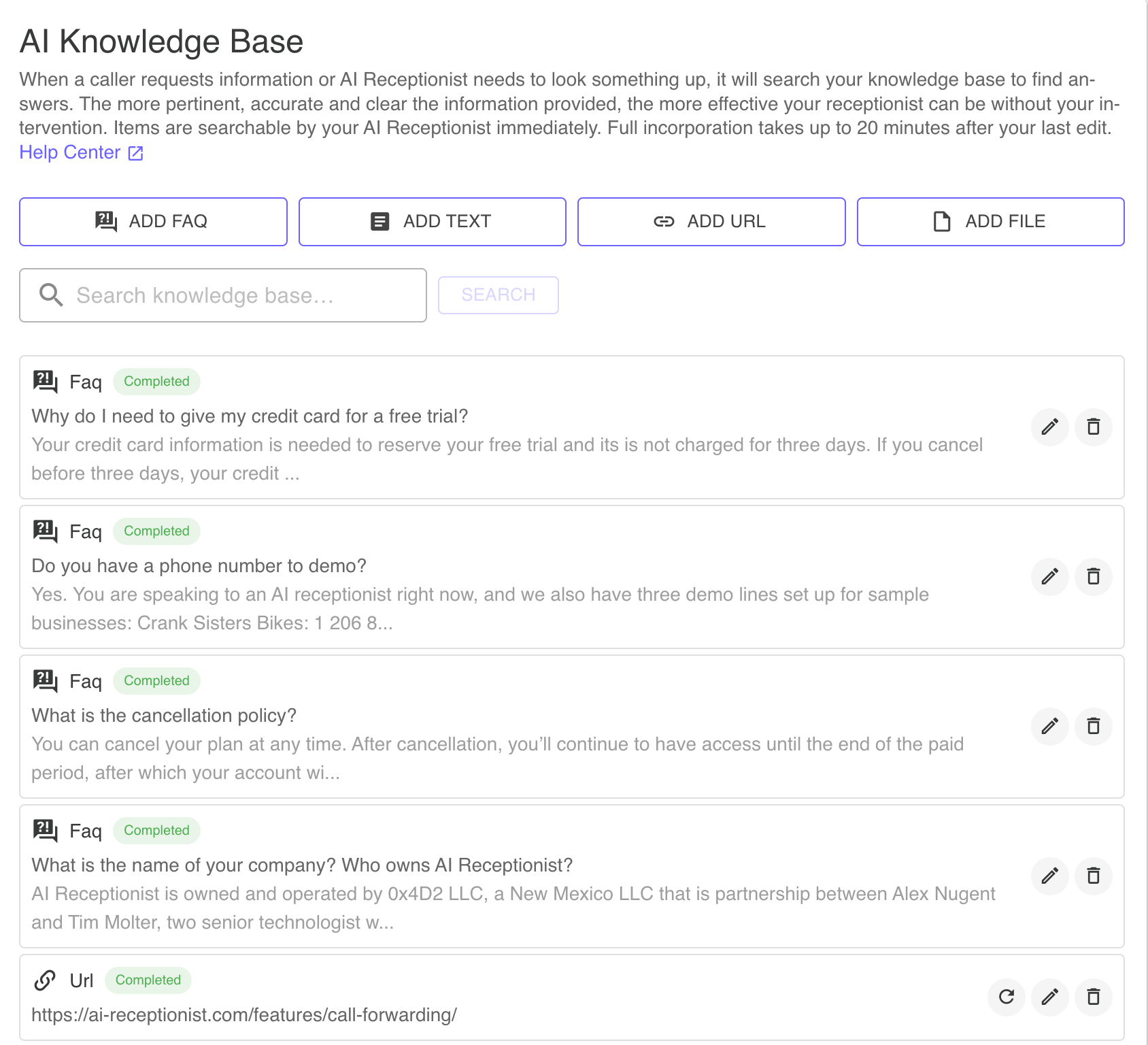 Knowledge base table - displays your knowledge base items including FAQs, text entries, URLs, and uploaded files. For URL entries, use the refresh action button to update the content if you've changed the website (this tells the AI to scrape the newest information). Additional action buttons allow you to edit or delete knowledge base items