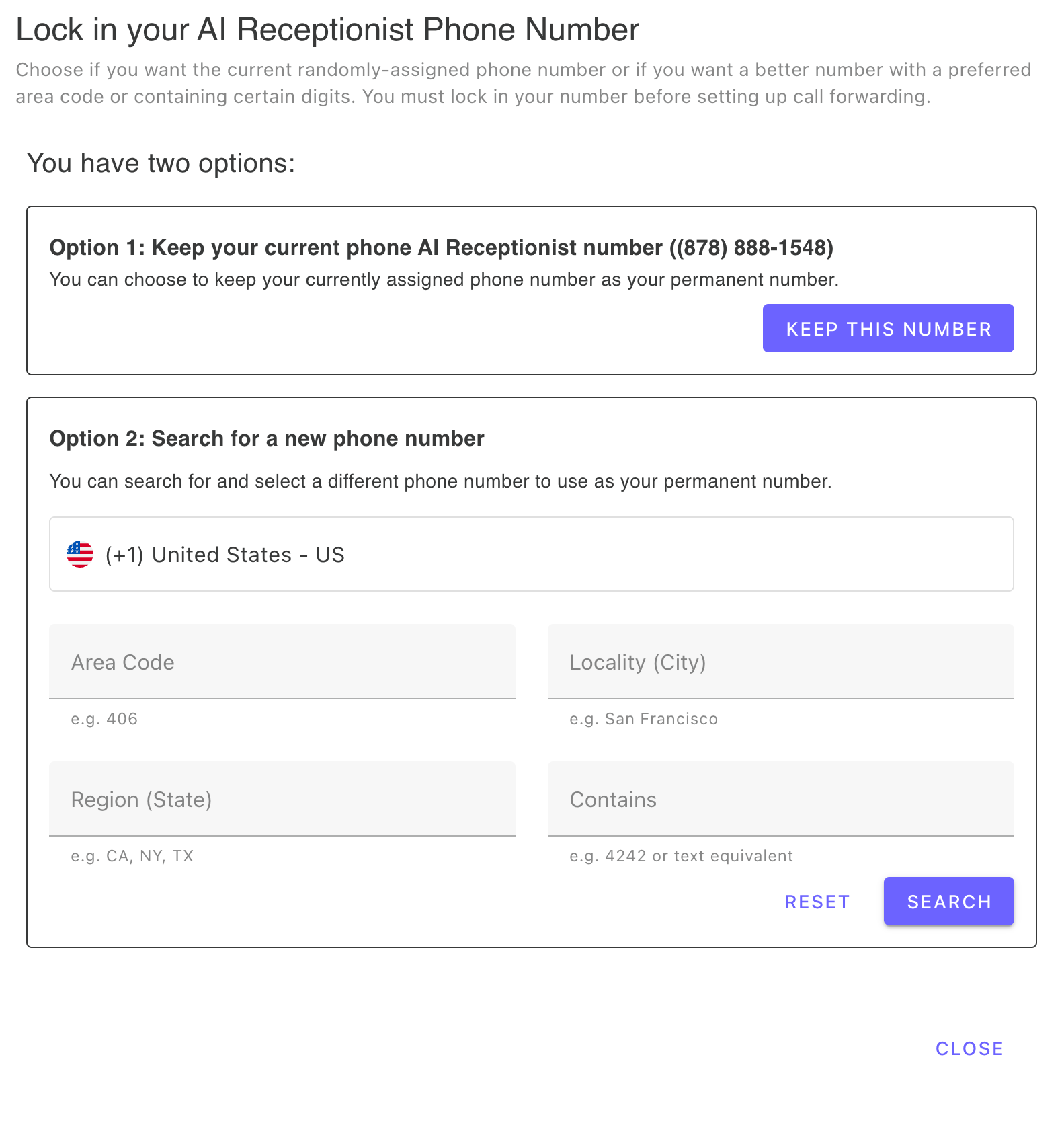 Phone number picker - keep your randomly generated number or search for a vanity number by area code, city, state, or specific digits