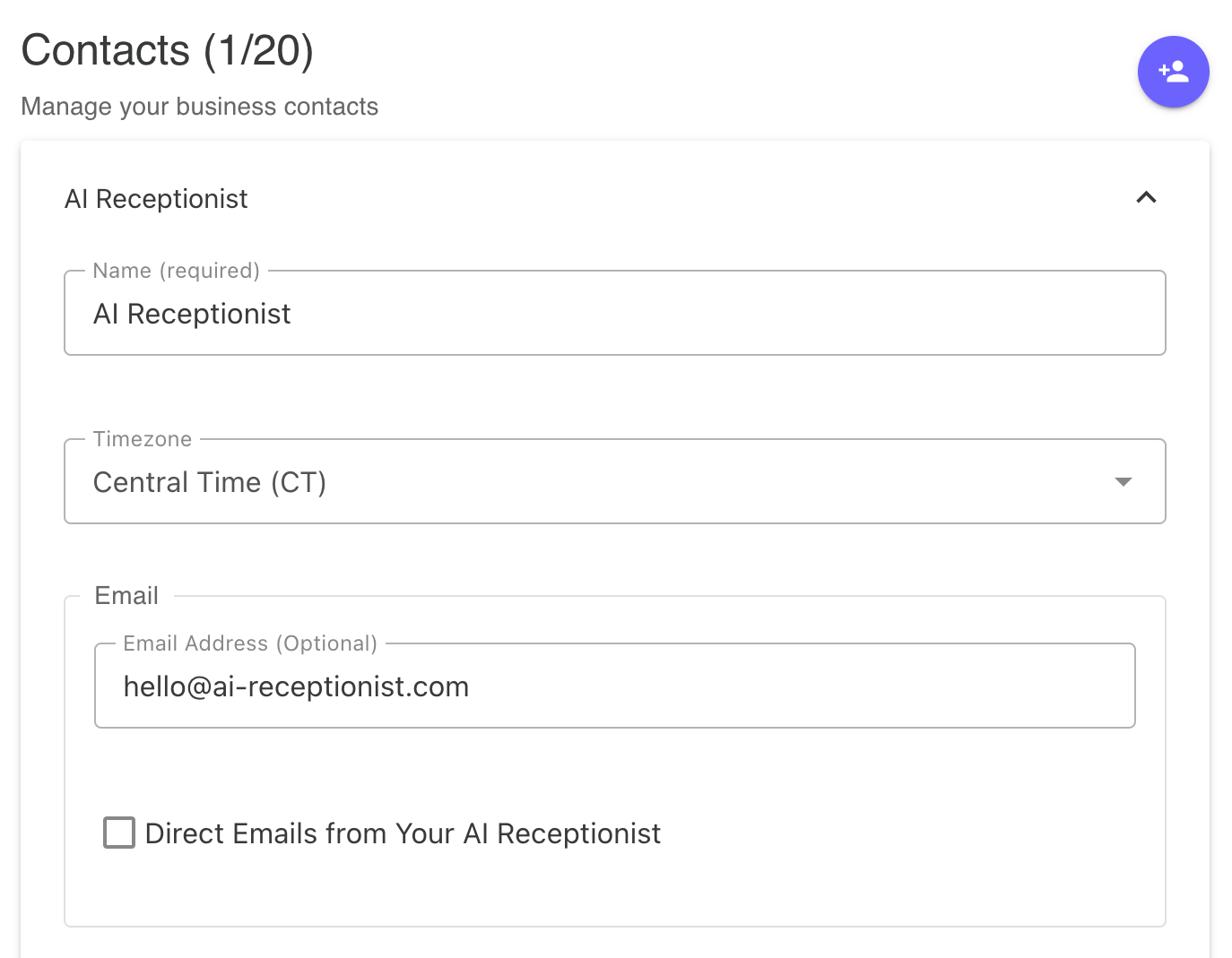 Contact name and email settings - enter the contact's name (which callers may refer to), set their timezone, add their email address, and configure whether they want to receive direct emails from the AI receptionist