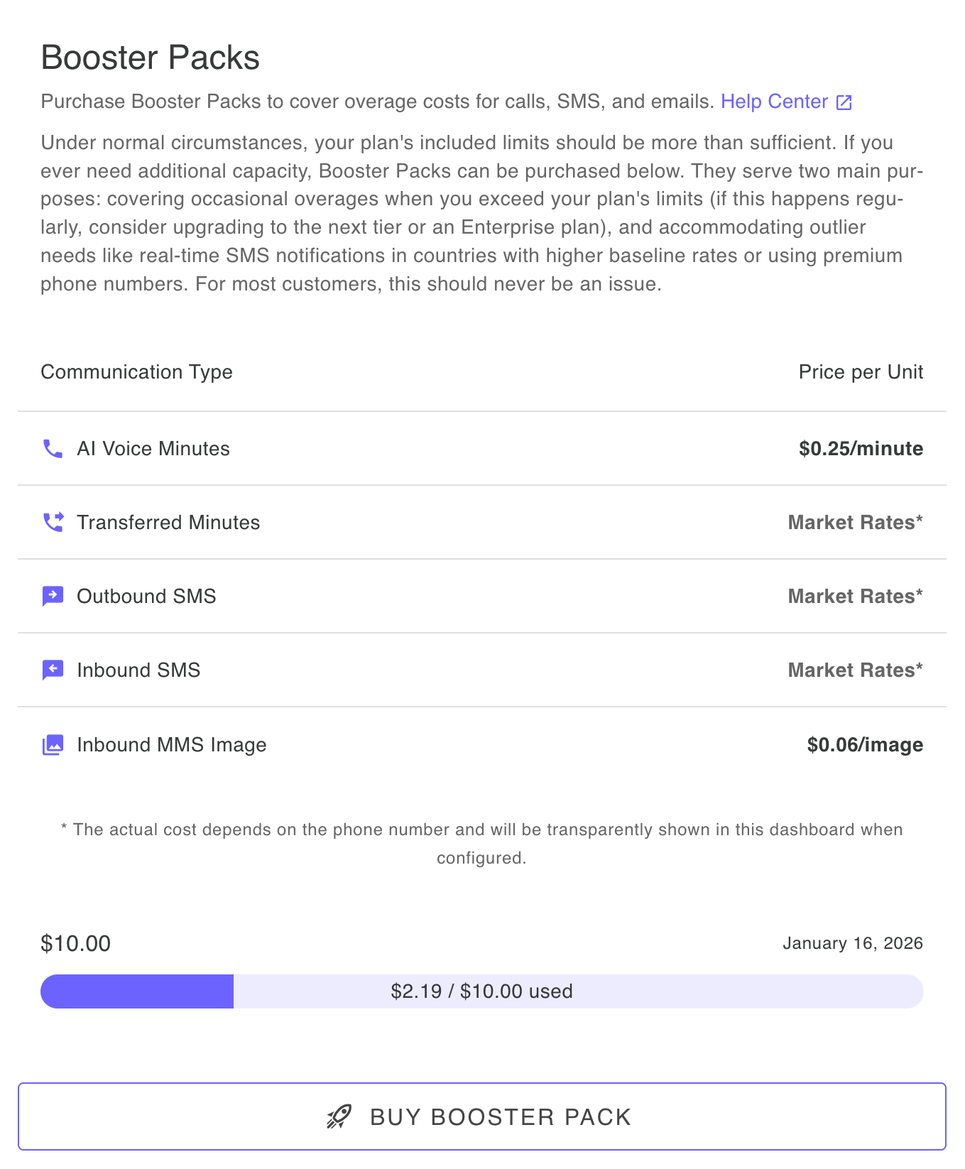 Purchase Booster Packs to cover extra usage costs when you exceed your monthly plan allowance for calls, SMS, and emails, with purchase history displayed below