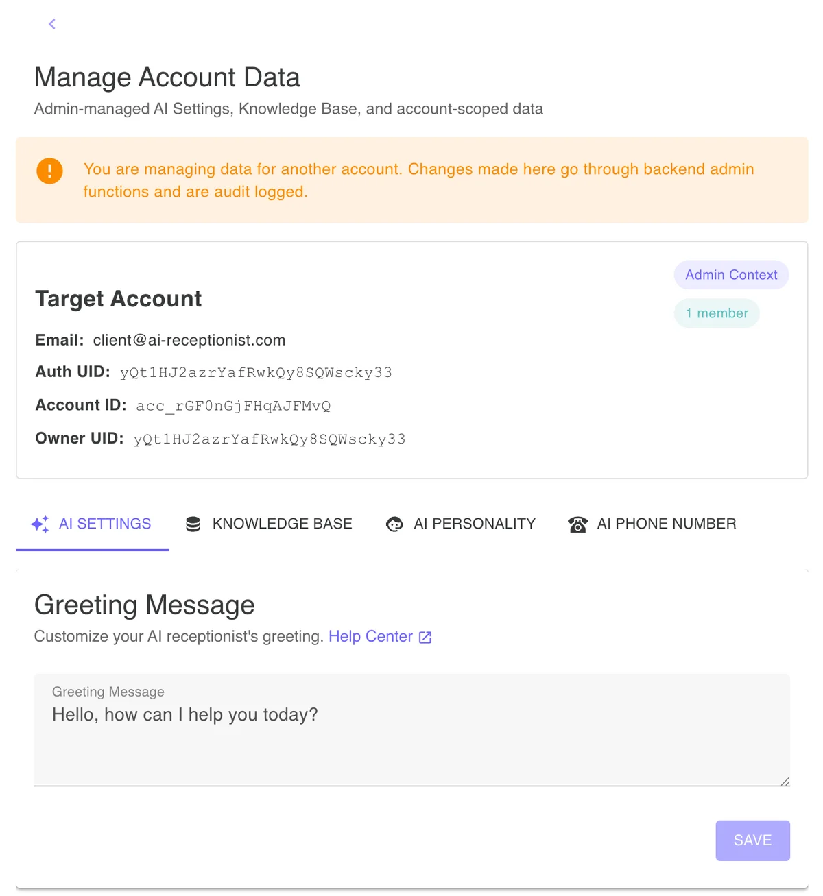 Managing a client's AI receptionist across AI Settings, Knowledge Base, AI Personality and AI Phone Number tabs