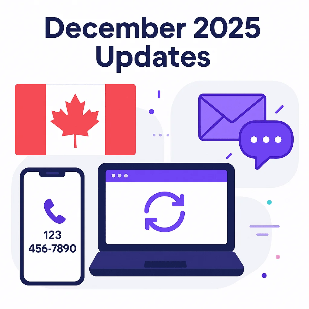 December 2025 AI Receptionist updates overview with Canadian flag and messaging features