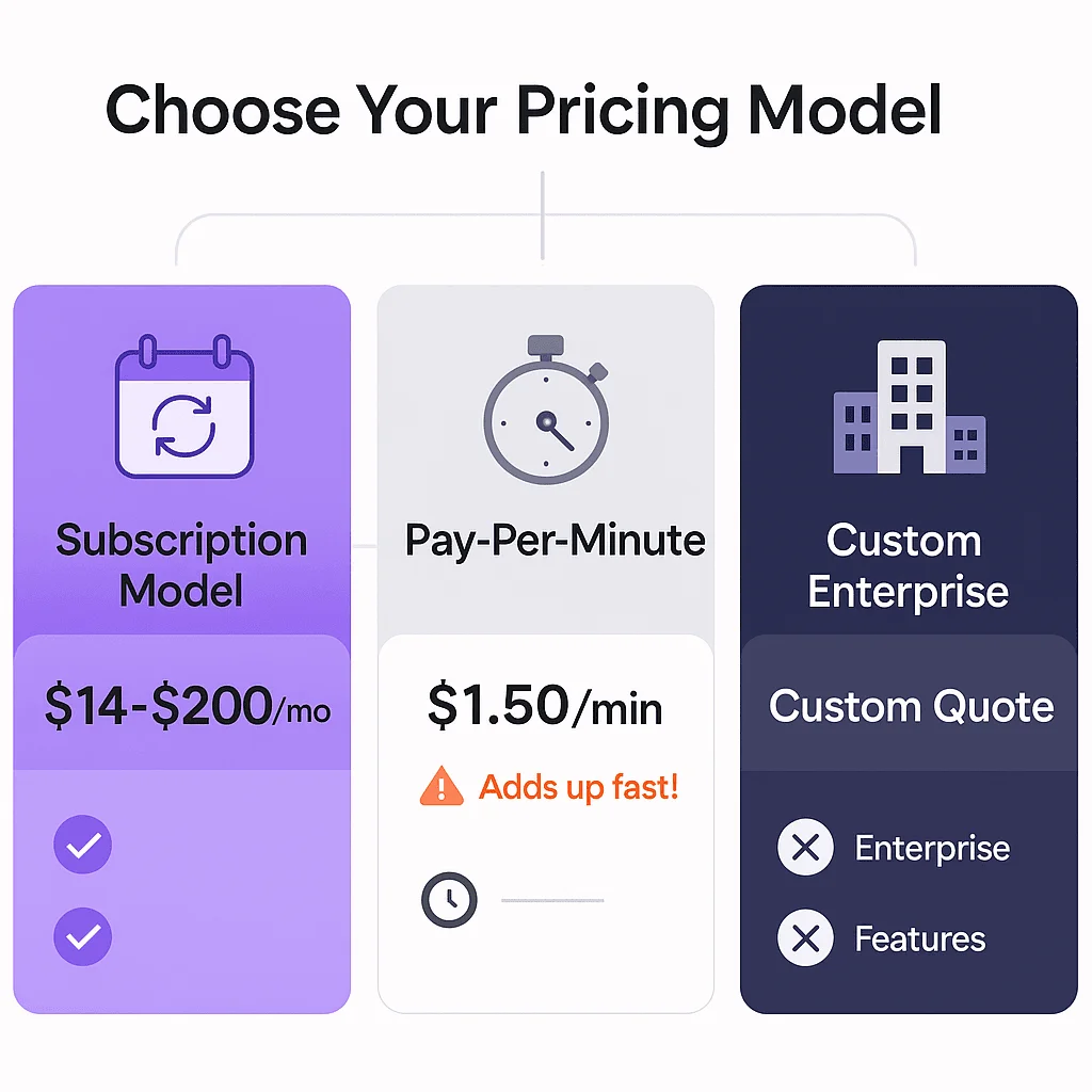 Three AI receptionist pricing model types comparison