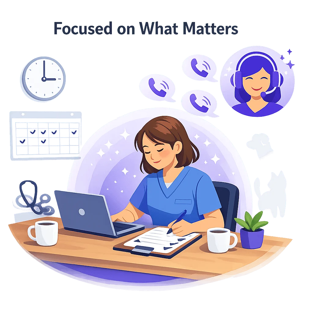 Veterinary clinic staff member working productively with AI receptionist handling calls