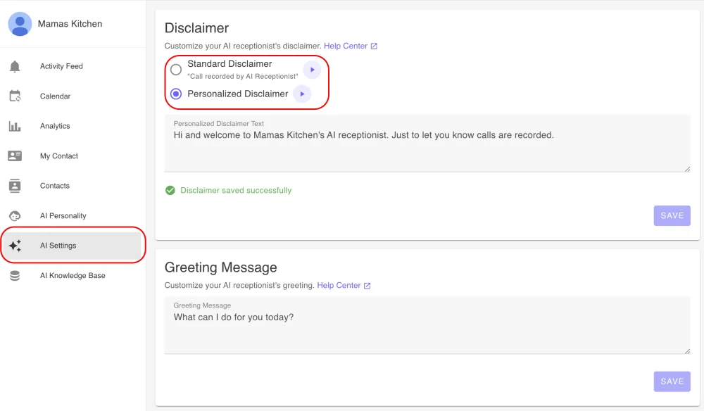 Custom legal disclosure settings interface