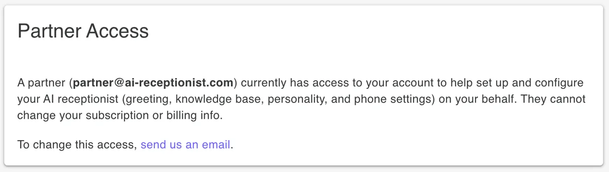 Client view showing exactly which partner has access to their AI receptionist account