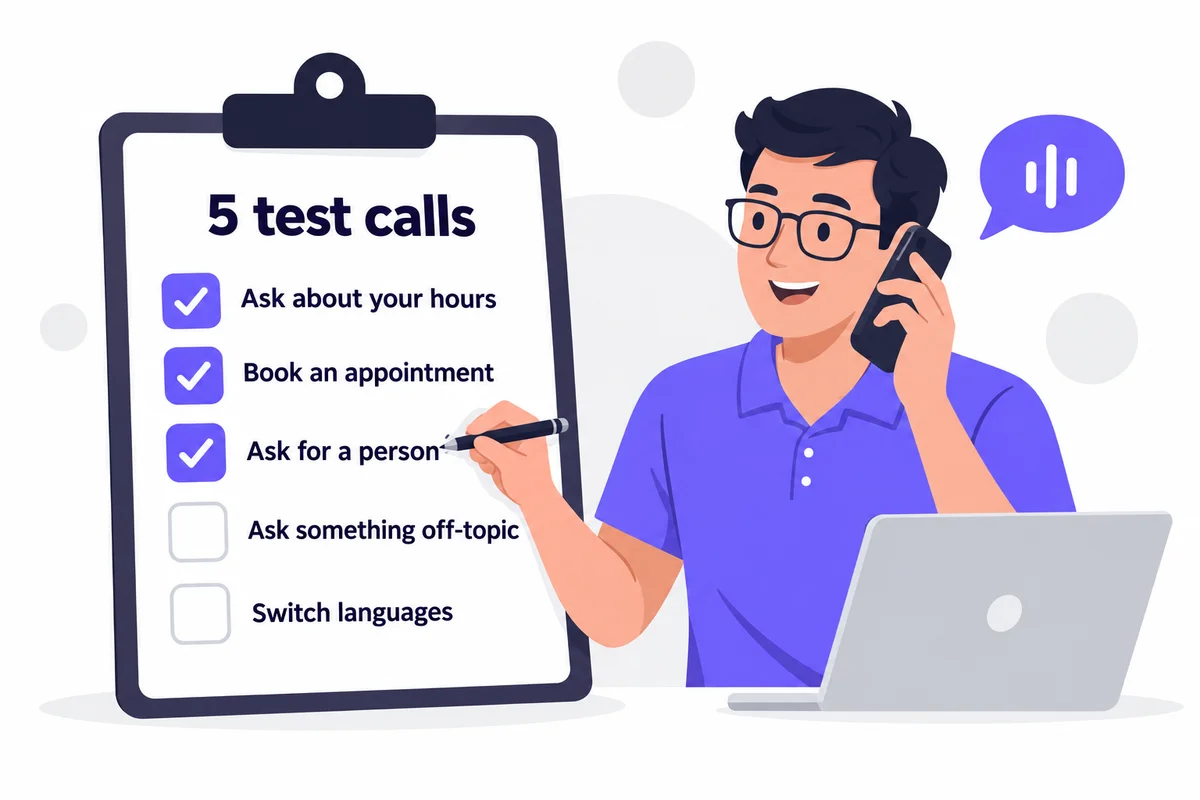 Checklist of five test calls to make during an AI receptionist trial