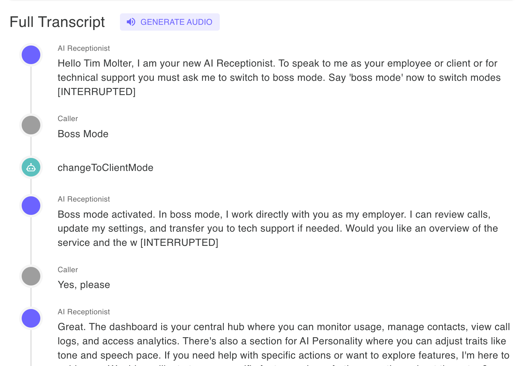 Real Boss Mode transcript showing a business owner managing AI settings, reviewing personality dimensions, and adding instructions by voice