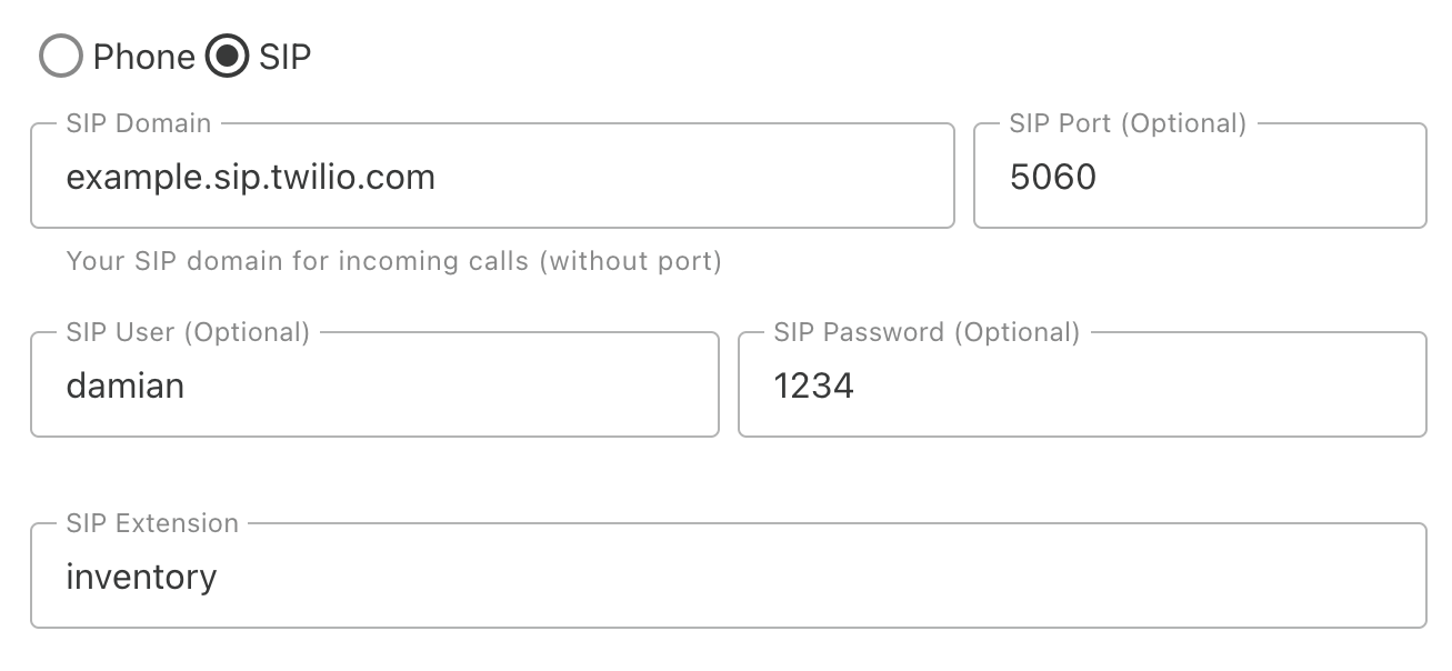 AI Receptionist dashboard SIP settings panel showing domain, port, user, password, and extension fields