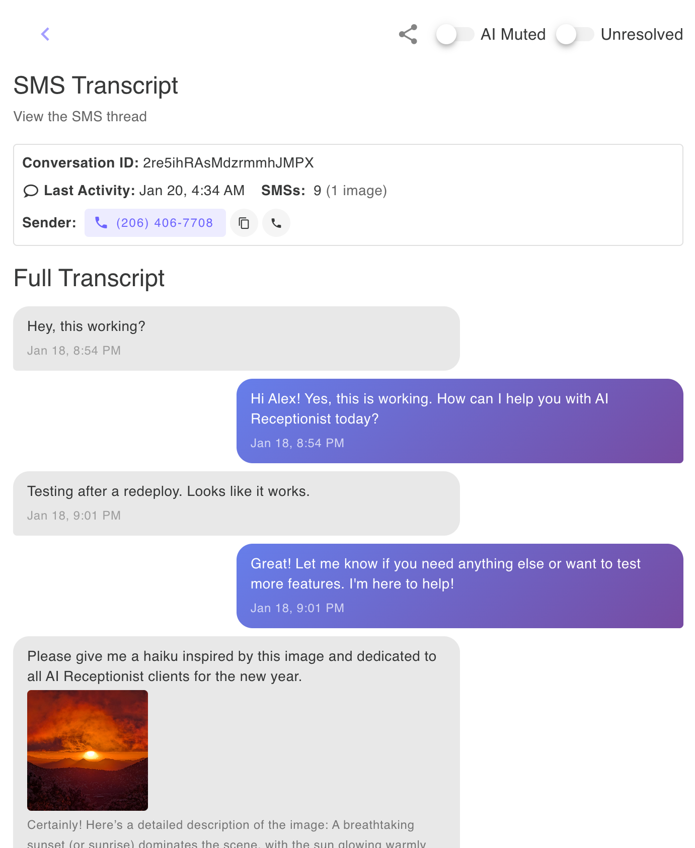 Real SMS transcript showing a customer sharing an image during a conversation, with the AI analyzing and describing the photo in real time