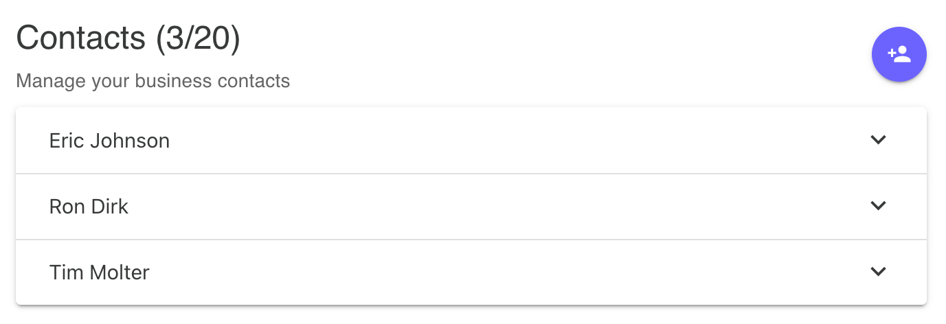 Contacts management - manage your business contacts (up to 20 contacts) with an accordion-style interface where you can expand individual contact cards to view and edit their details