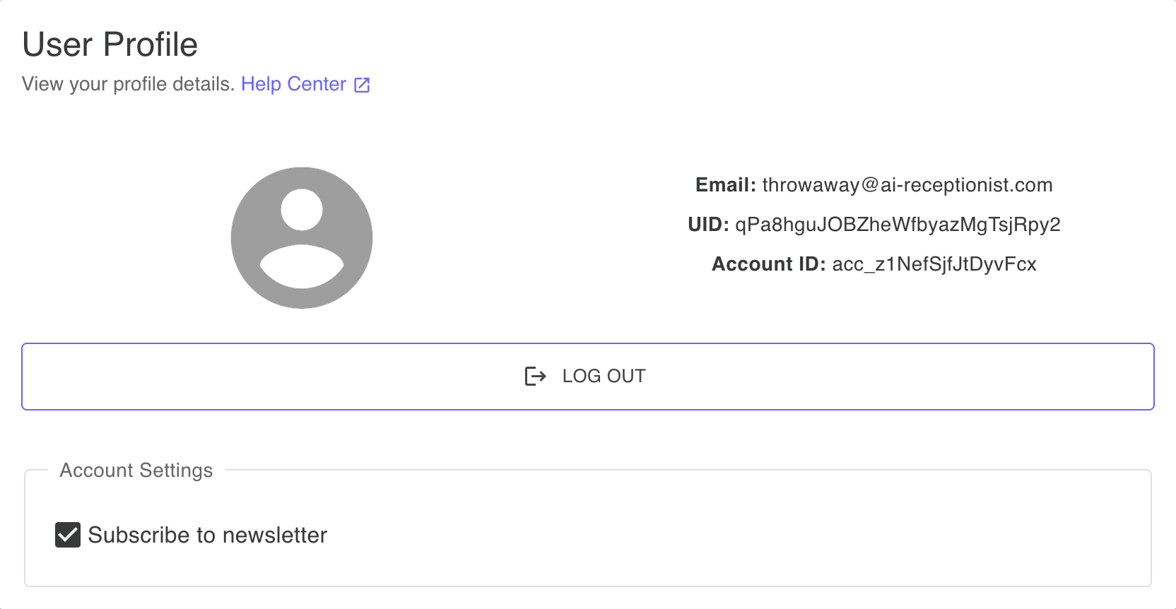 User profile overview showing email, internal user ID, newsletter subscription settings, main communication settings, and logout button