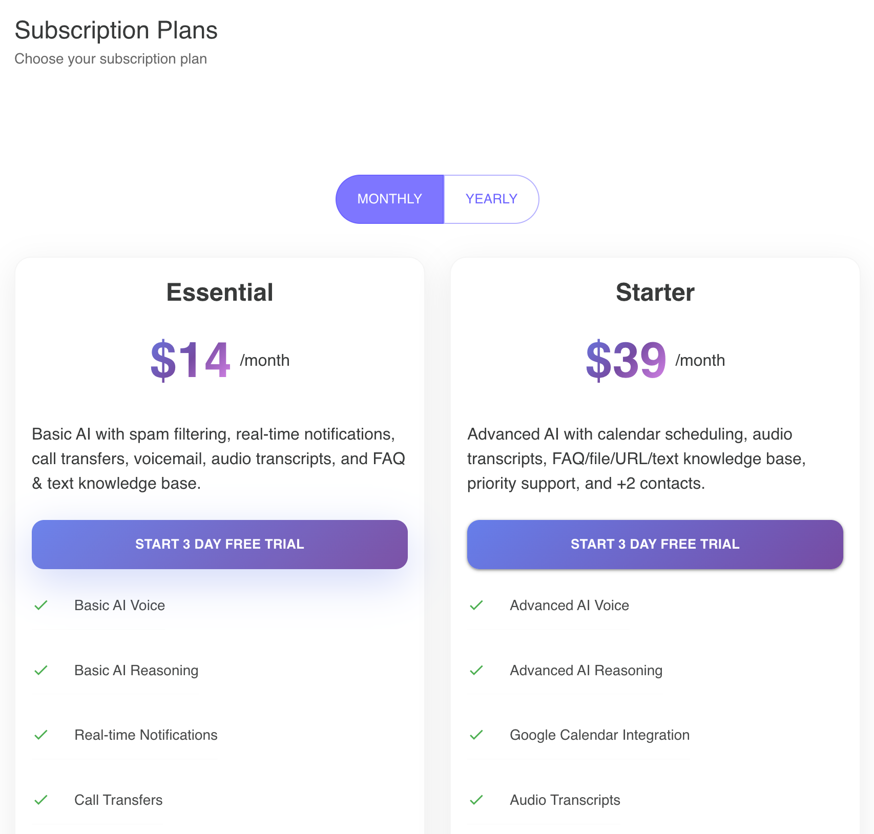 Subscription plans comparison showing Essential, Solopreneur, and Business tiers with pricing details, toggle between monthly and yearly billing, and sign-up buttons for each plan