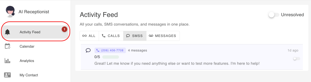 AI Receptionist Activity Feed showing calls and SMS conversations in one unified dashboard