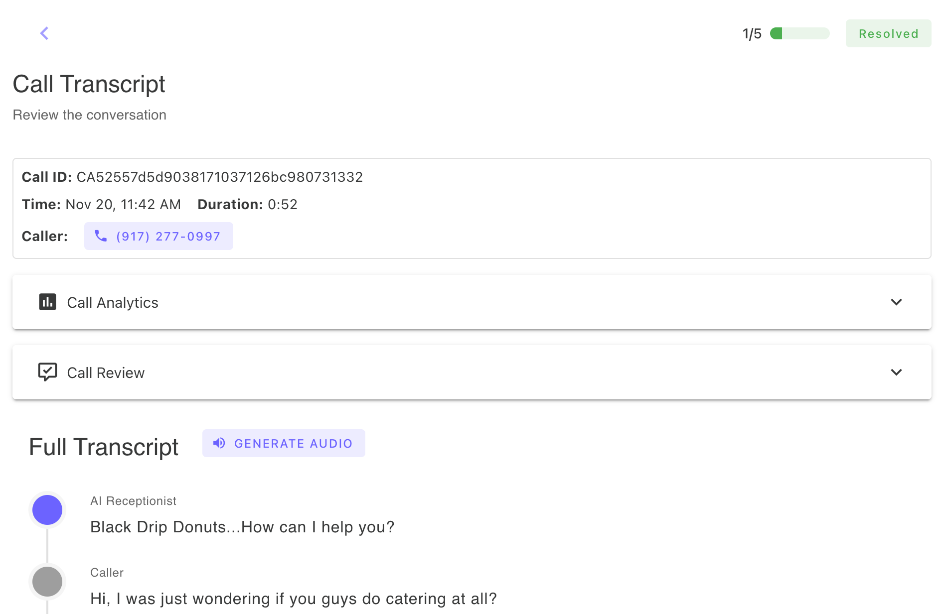 Call transcript page showing call time and duration, caller information, call analytics, call review summary, and the complete conversation transcript with timestamps