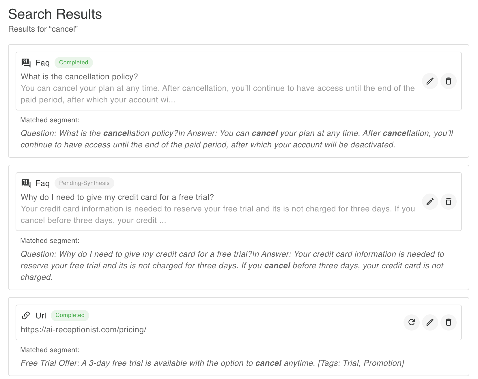 Knowledge base search - use the search bar to quickly filter and find specific entries across your knowledge base by keyword, making it easy to locate, review, and manage items as your library grows