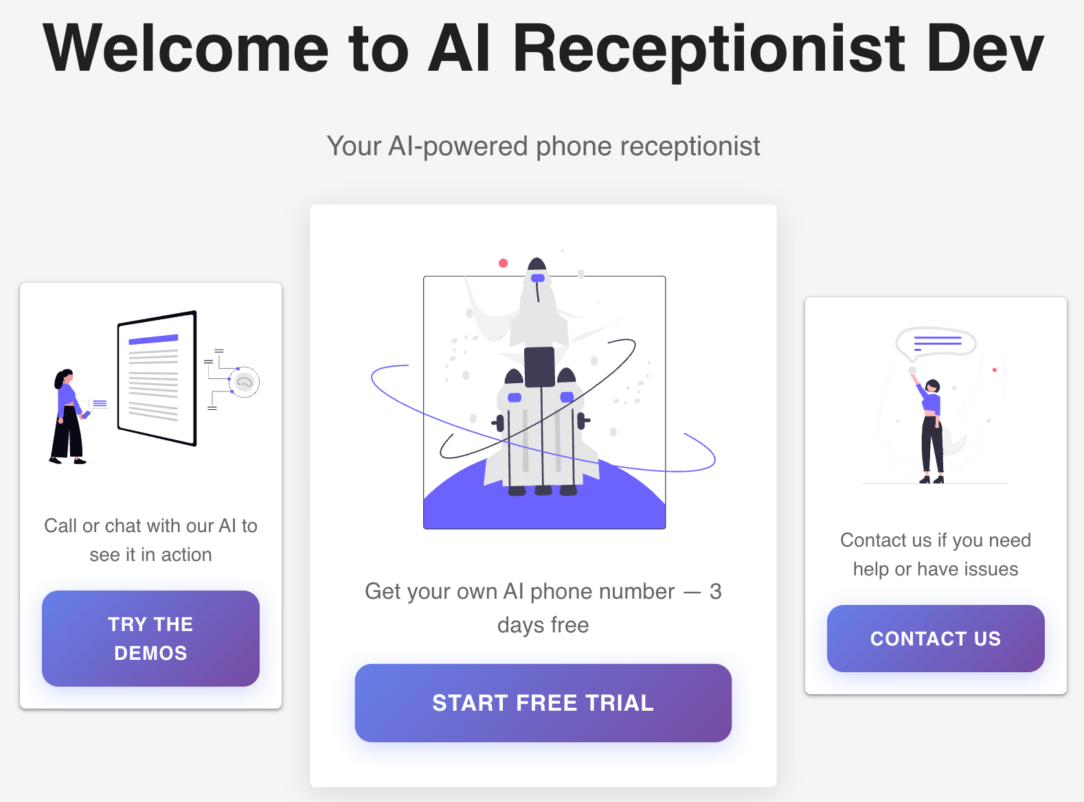 Welcome page with three action cards: listen to demo audio samples, start your free trial with pricing plans, and contact support for personalized assistance